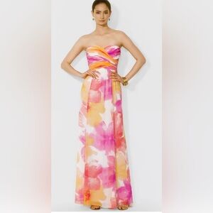 Lauren Ralph Lauren Strapless Watercolor Floral Gown w Grecian Twist Bodice